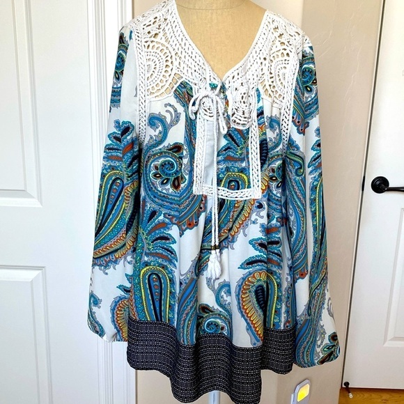 Daniel Rainn Multicolor Peasant Top Blouse Tunic Women’s L Crochet Boho paisley - Picture 1 of 8